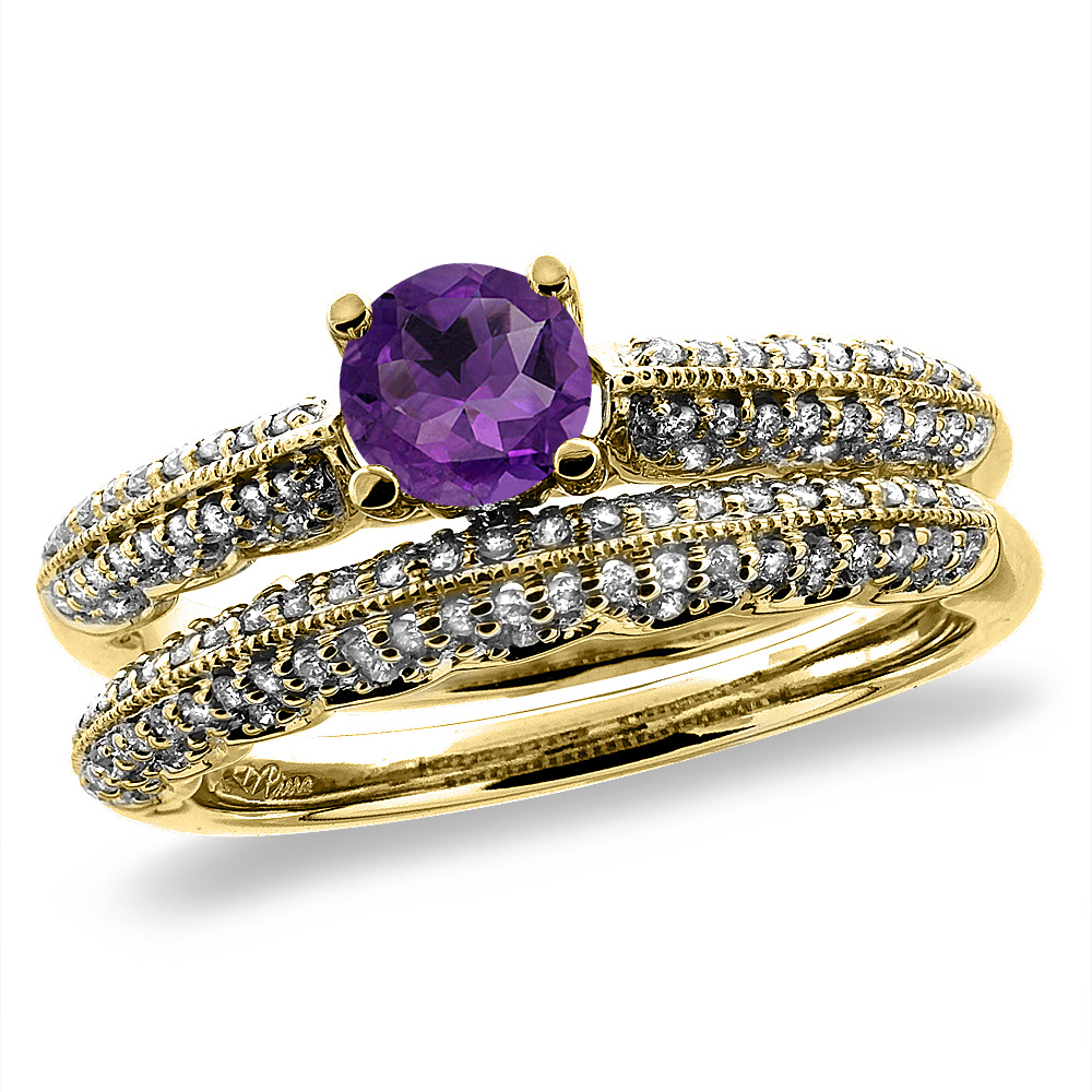 14K Yellow Gold Diamond Natural Amethyst 2pc Engagement Ring Set Round 5 mm, sizes 5-10