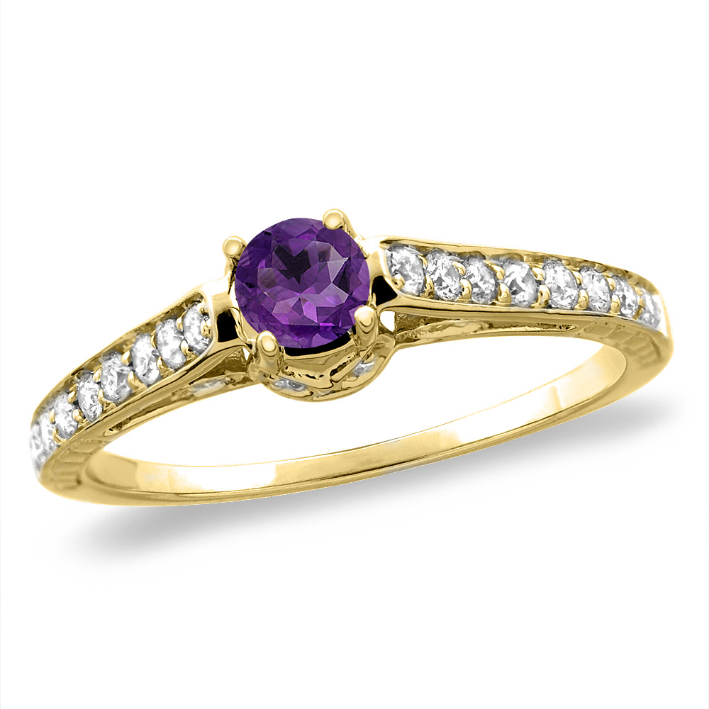 14K White/Yellow Gold Diamond Natural Amethyst Engagement Ring Round 5 mm, sizes 5-10