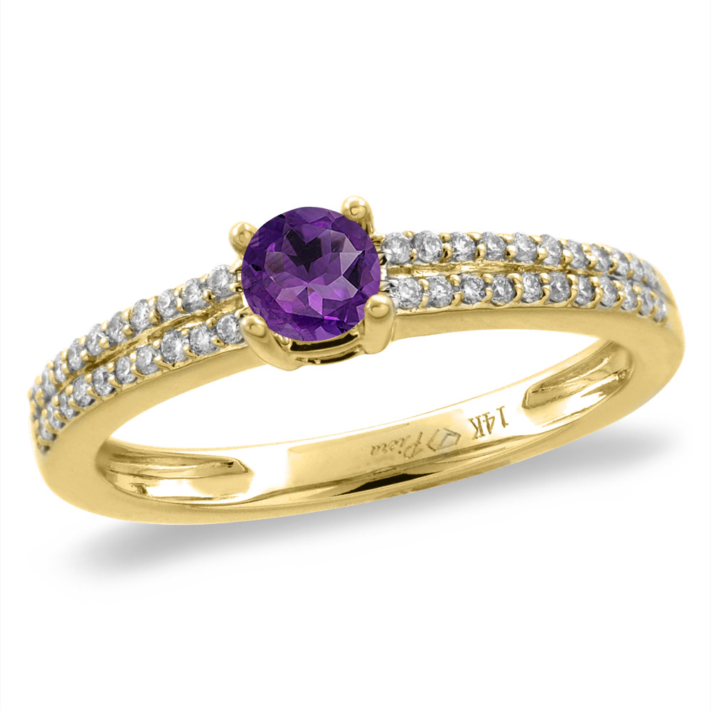 14K White/Yellow Gold Diamond Natural Amethyst Engagement Ring Round 5 mm, sizes 5-10