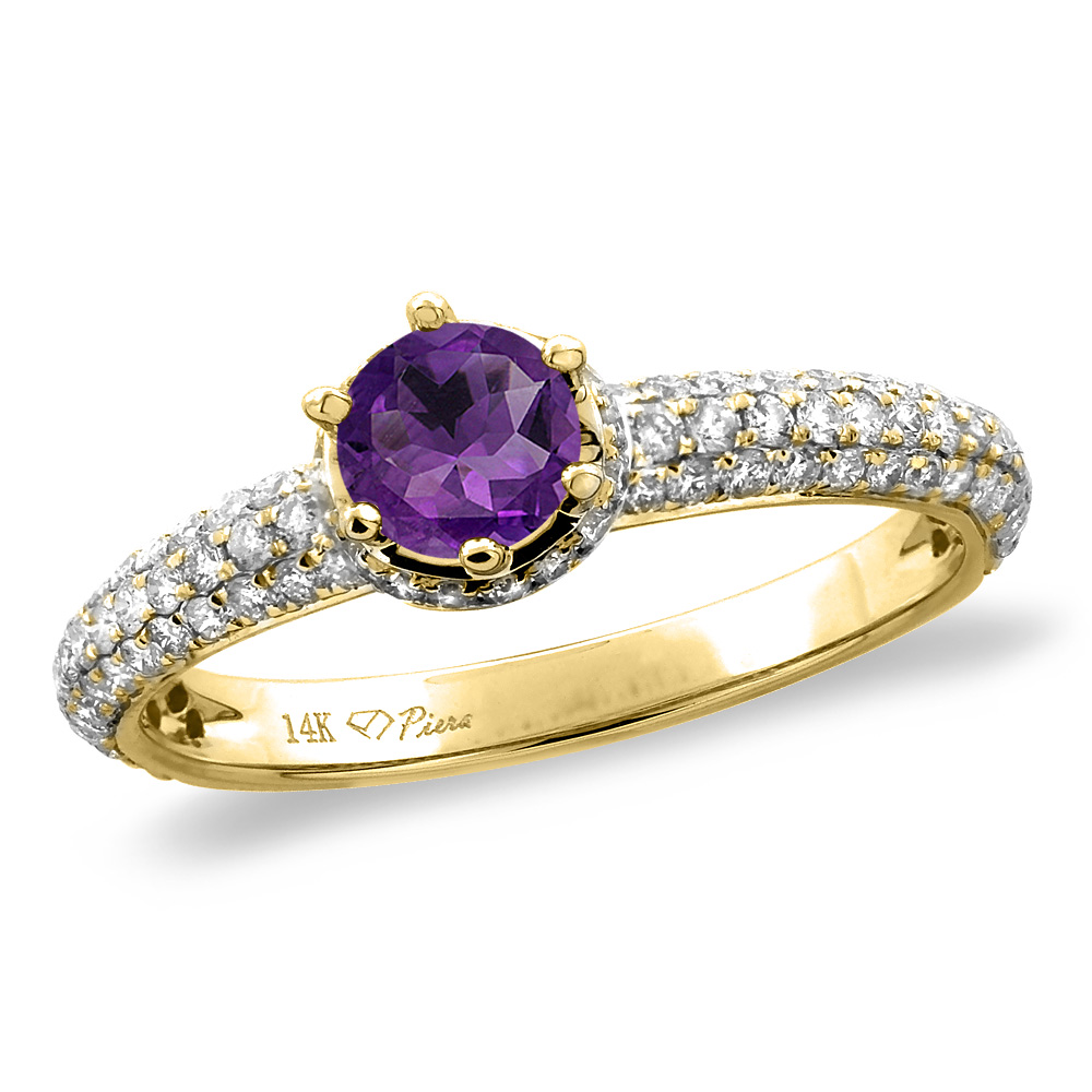 14K White/Yellow Gold Diamond Natural Amethyst Engagement Ring Round 5 mm, sizes 5-10