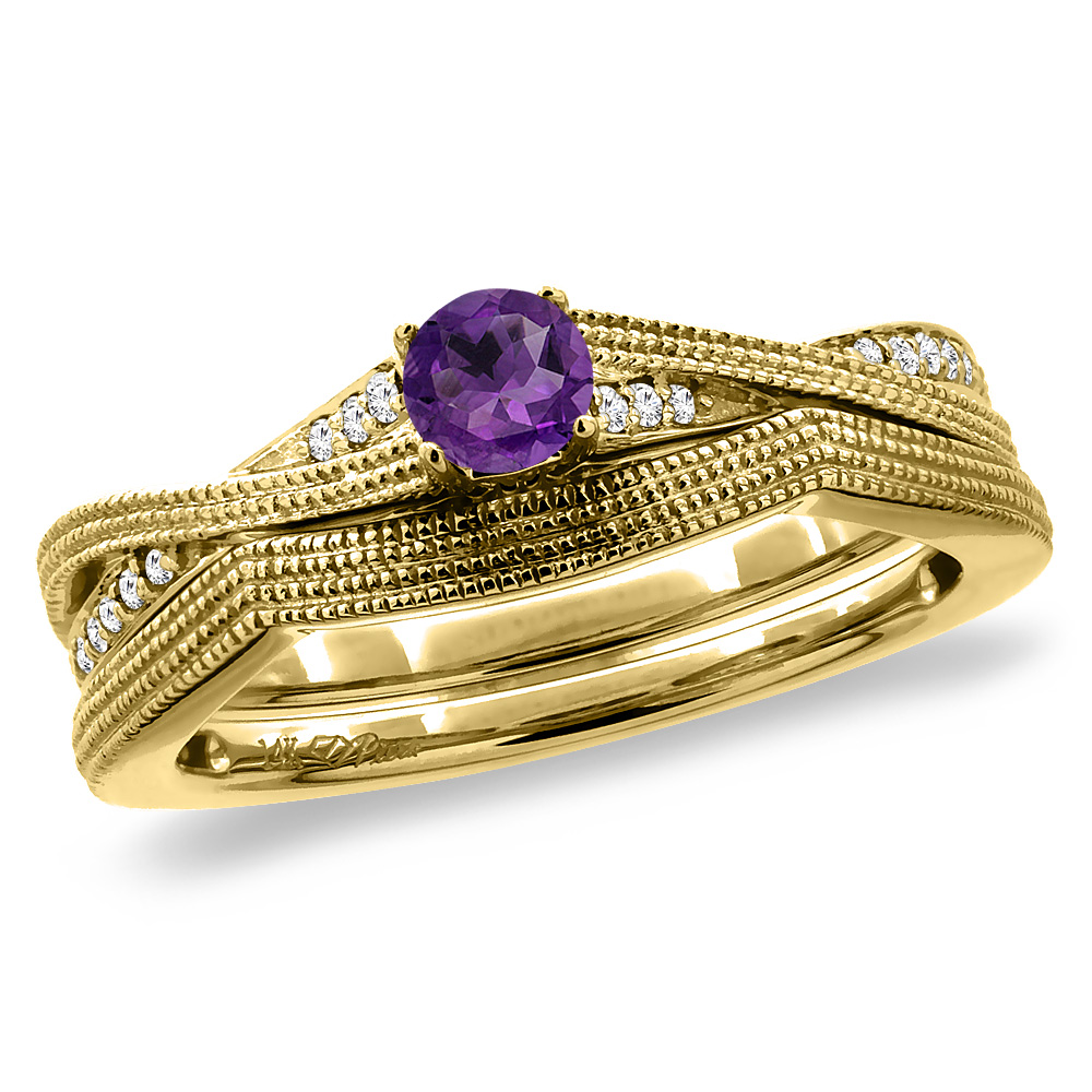 14K Yellow Gold Diamond Natural Amethyst 2pc Engagement Ring Set Round 4 mm, sizes 5 -10