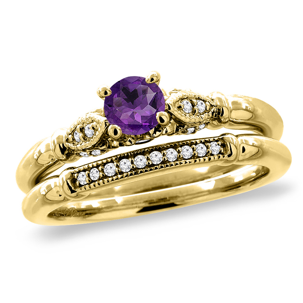 14K Yellow Gold Diamond Natural Amethyst 2pc Engagement Ring Set Round 4 mm, sizes 5 -10