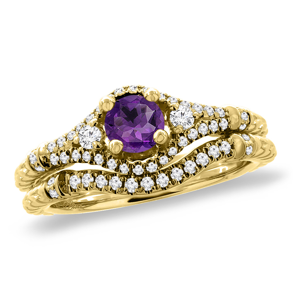 14K Yellow Gold Diamond Natural Amethyst 2pc Engagement Ring Set Round 4 mm, sizes 5 -10