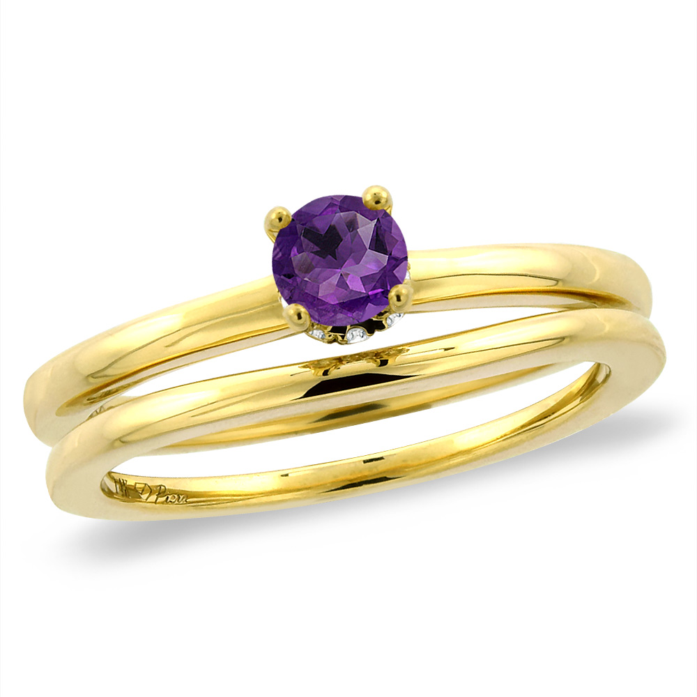 14K Yellow Gold Diamond Natural Amethyst 2pc Solitaire Engagement Ring Set Round 4 mm, sizes 5 -10