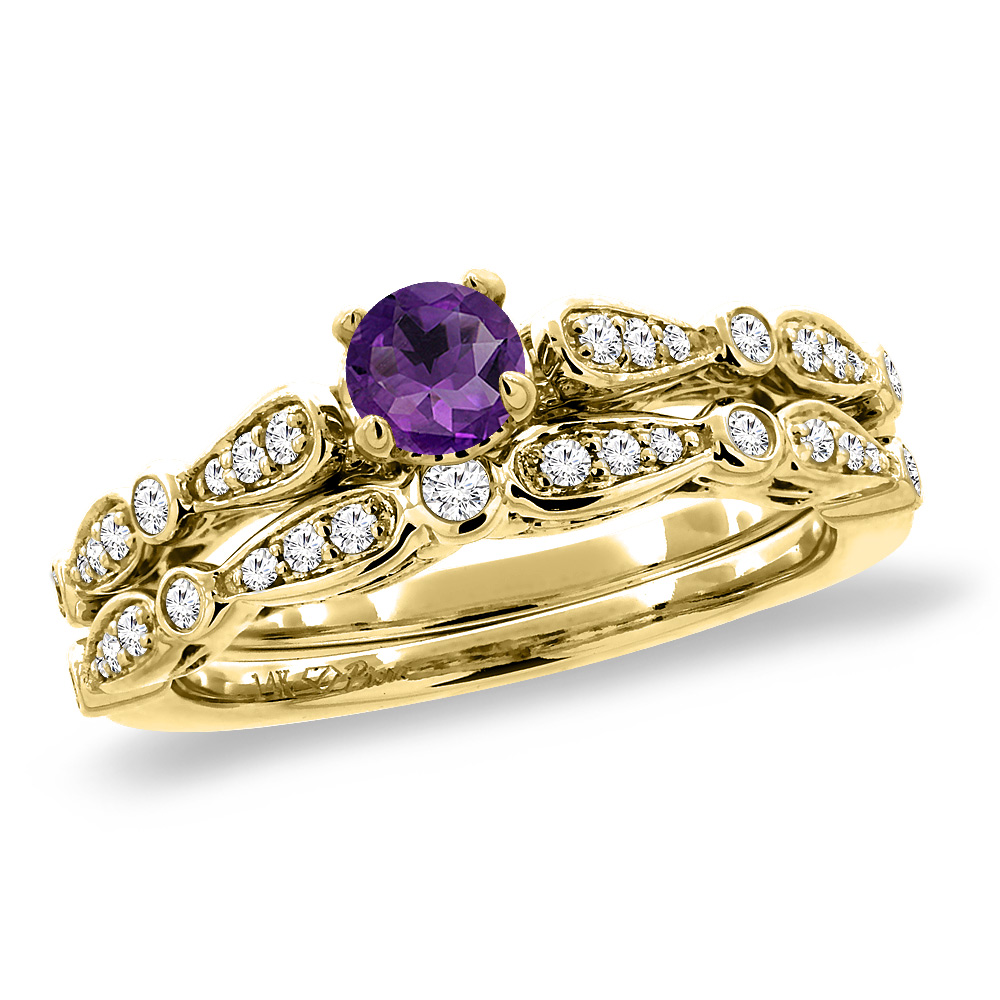14K Yellow Gold Diamond Natural Amethyst 2pc Engagement Ring Set Round 4 mm, sizes 5 -10