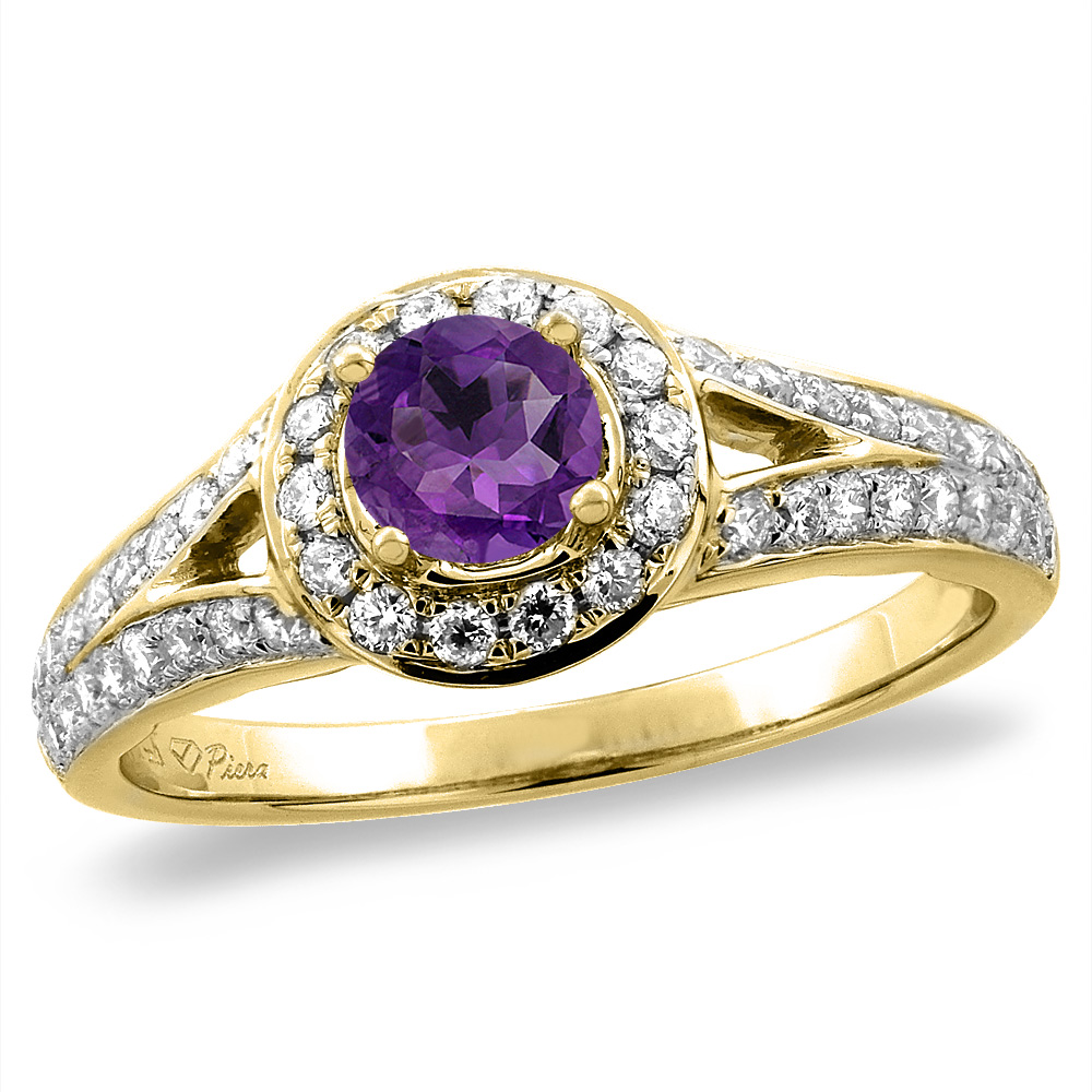 14K White/Yellow Gold Diamond Natural Amethyst Halo Engagement Ring Round 4 mm, sizes 5 -10