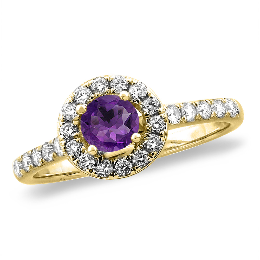 14K White/Yellow Gold Diamond Natural Amethyst Halo Engagement Ring Round 4 mm, sizes 5 -10