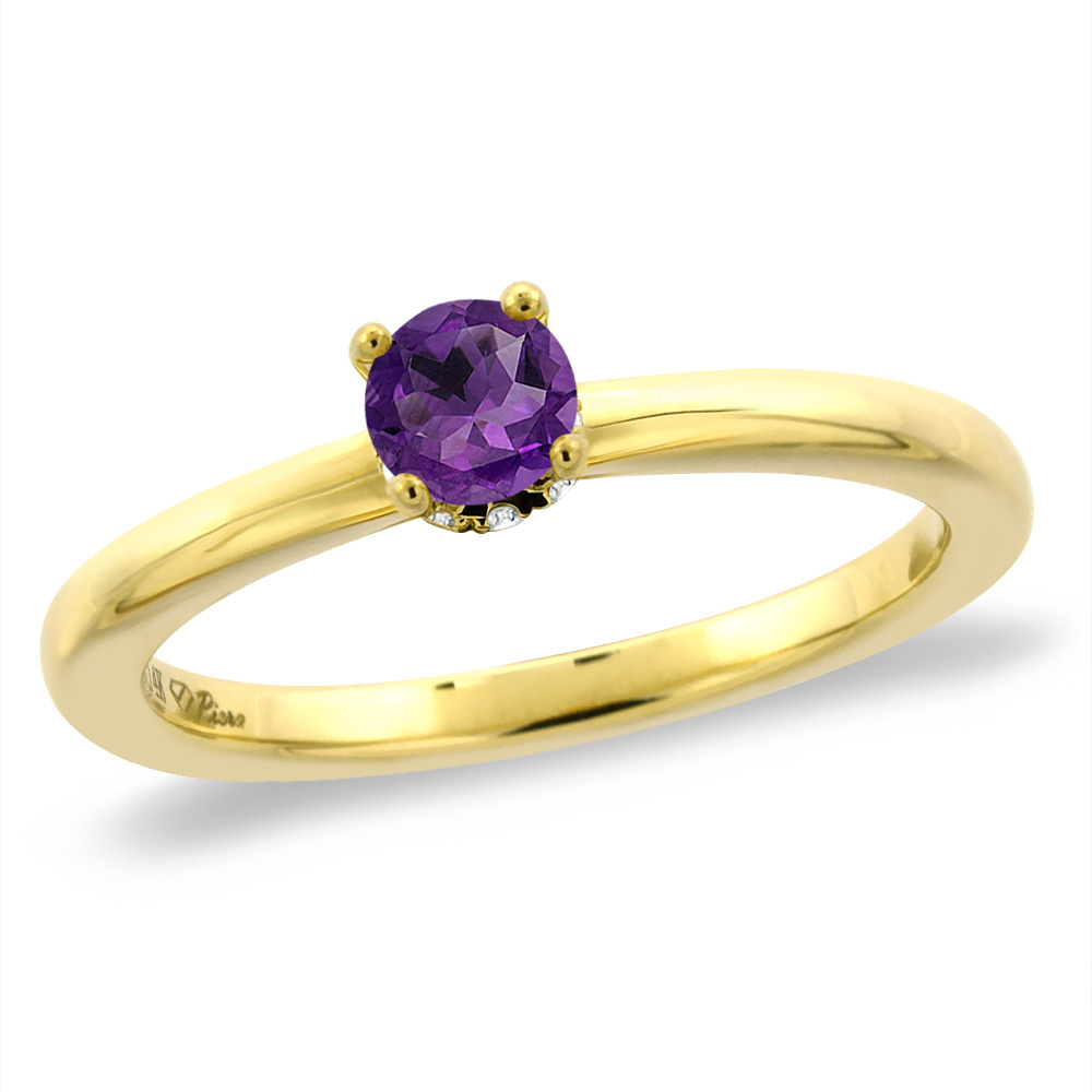 14K Yellow Gold Diamond Natural Amethyst Solitaire Engagement Ring Round 4 mm, sizes 5 -10