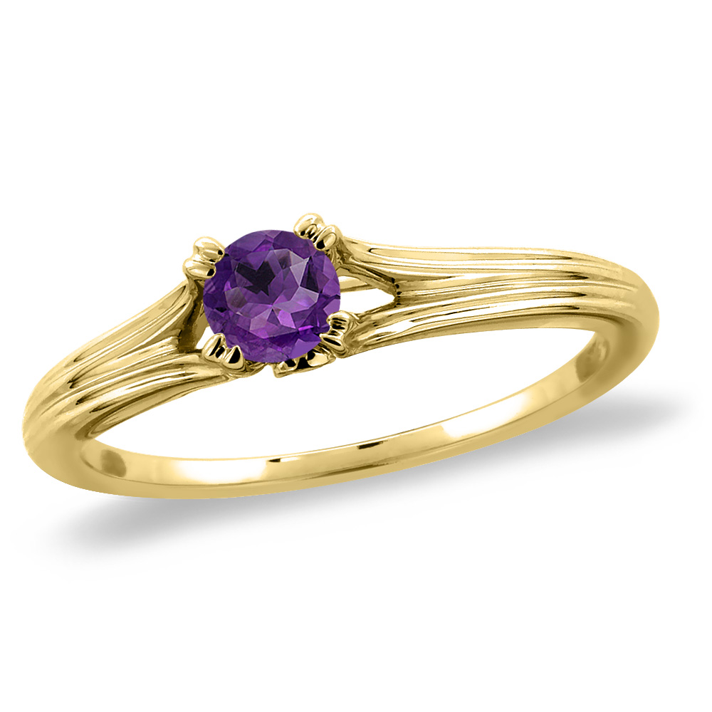 14K Yellow Gold Diamond Natural Amethyst Solitaire Engagement Ring Round 6 mm, sizes 5 -10