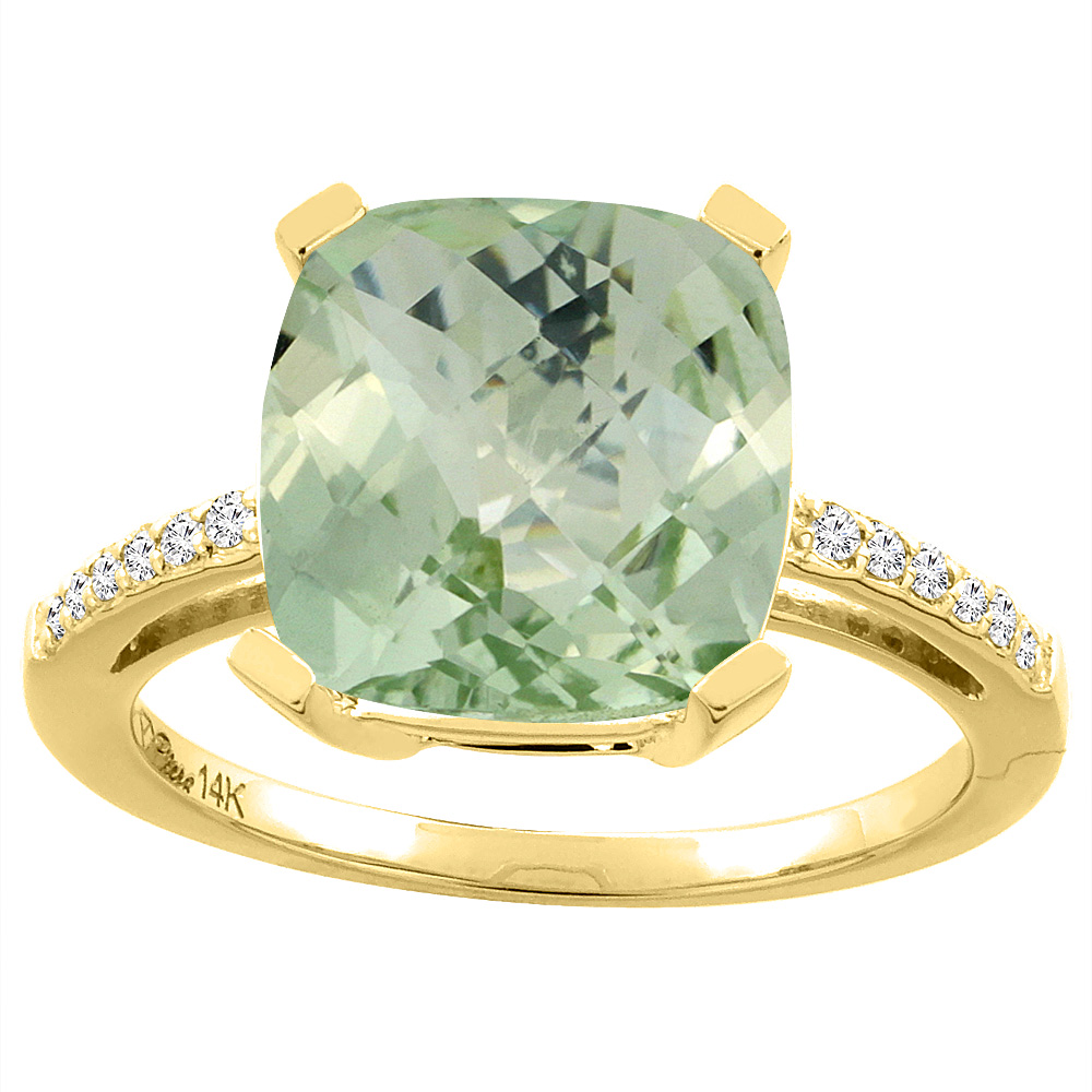 14K Yellow Gold Natural Green Amethyst & Diamond Ring Cushion-cut 12x10 mm, sizes 5-10