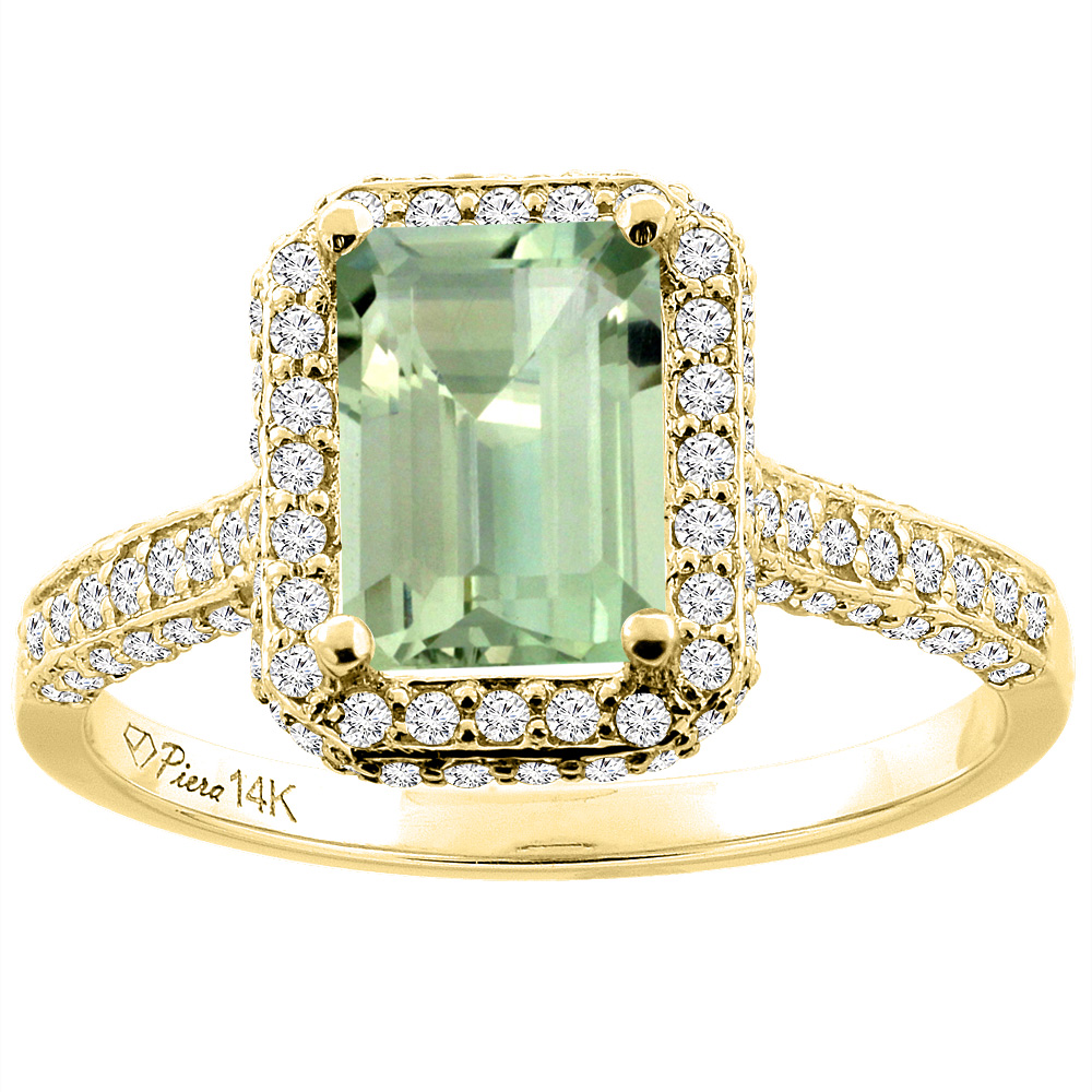 14K Yellow Gold Natural Green Amethyst Engagement Ring Octagon 8x6 mm, sizes 5-10