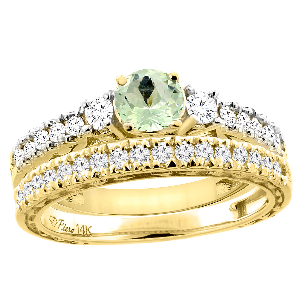 14K Yellow Gold Diamond Natural Green Amethyst Engagement 2-pc Ring Set Engraved Round 6 mm, sizes 5 - 10