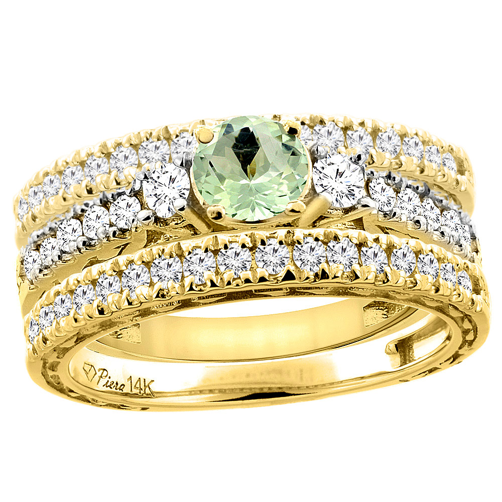 14K Yellow Gold Diamond Natural Green Amethyst Engagement 3-pc Ring Set Engraved Round 6 mm, sizes 5 - 10