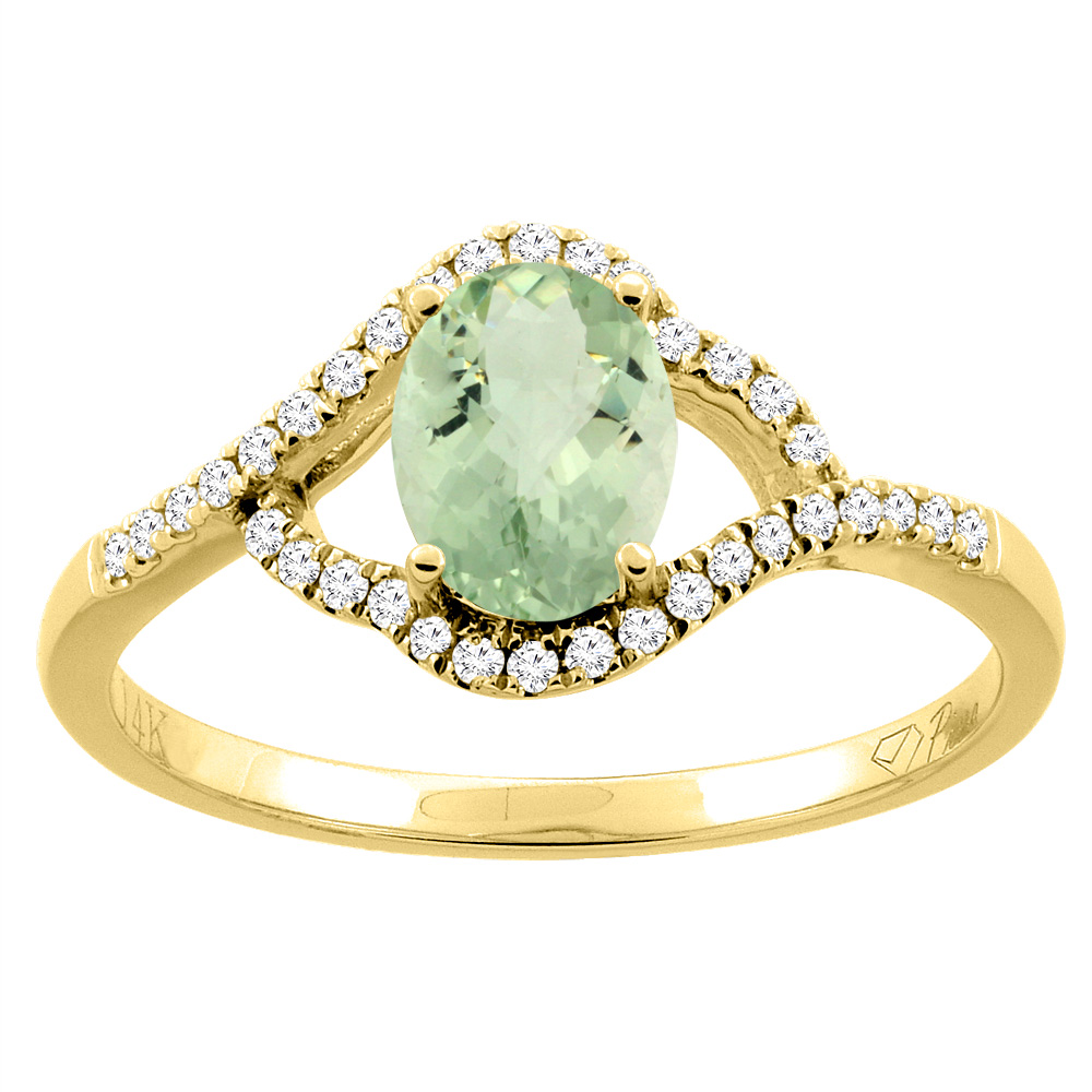 14K Gold Diamond Natural Green Amethyst Engagement Ring Oval 7x5 mm, sizes 5 - 10