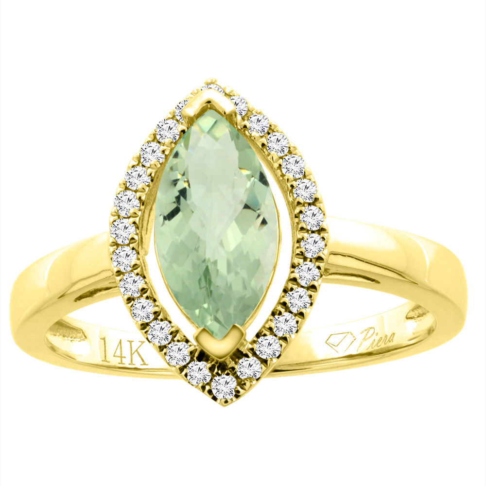 14K Gold Natural Green Amethyst Halo Ring Marquise 10x5 mm Diamond Accents, sizes 5 - 10