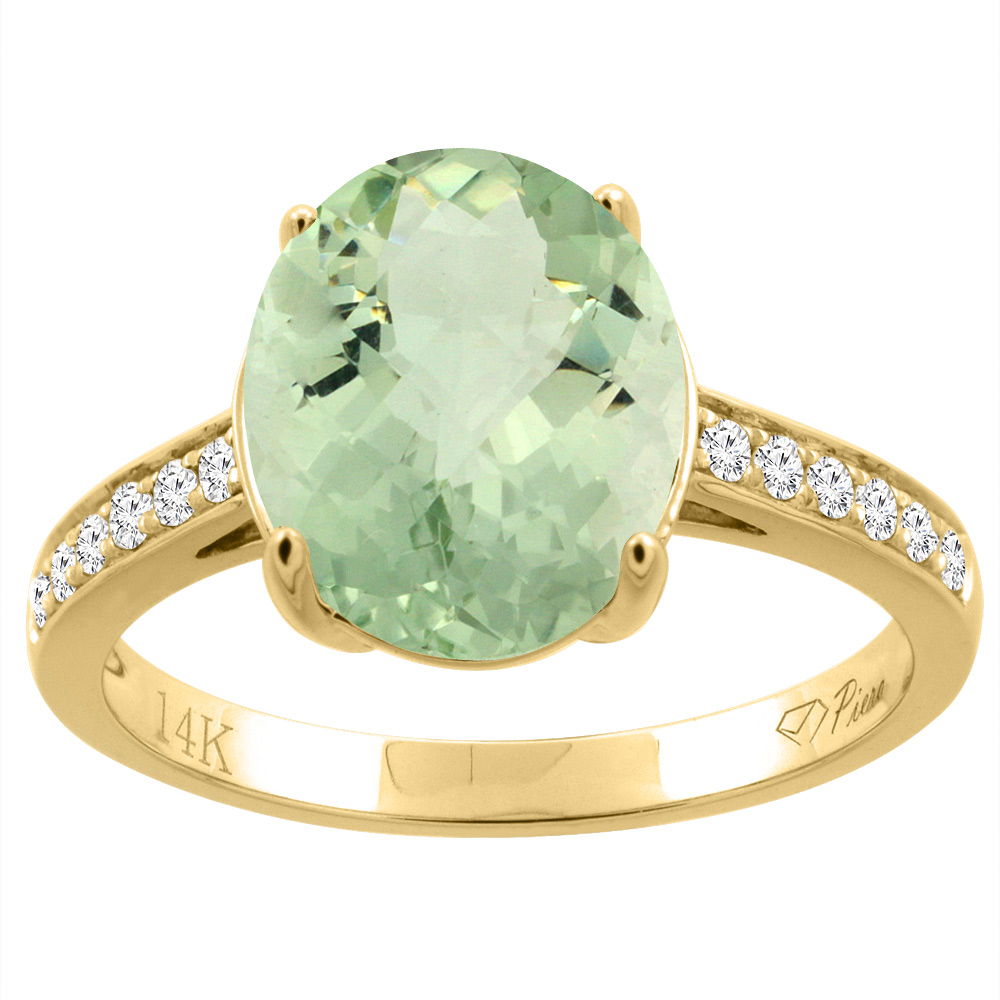 14K Gold Natural Green Amethyst Ring Oval 11x9 mm Diamond Accents, sizes 5 - 10