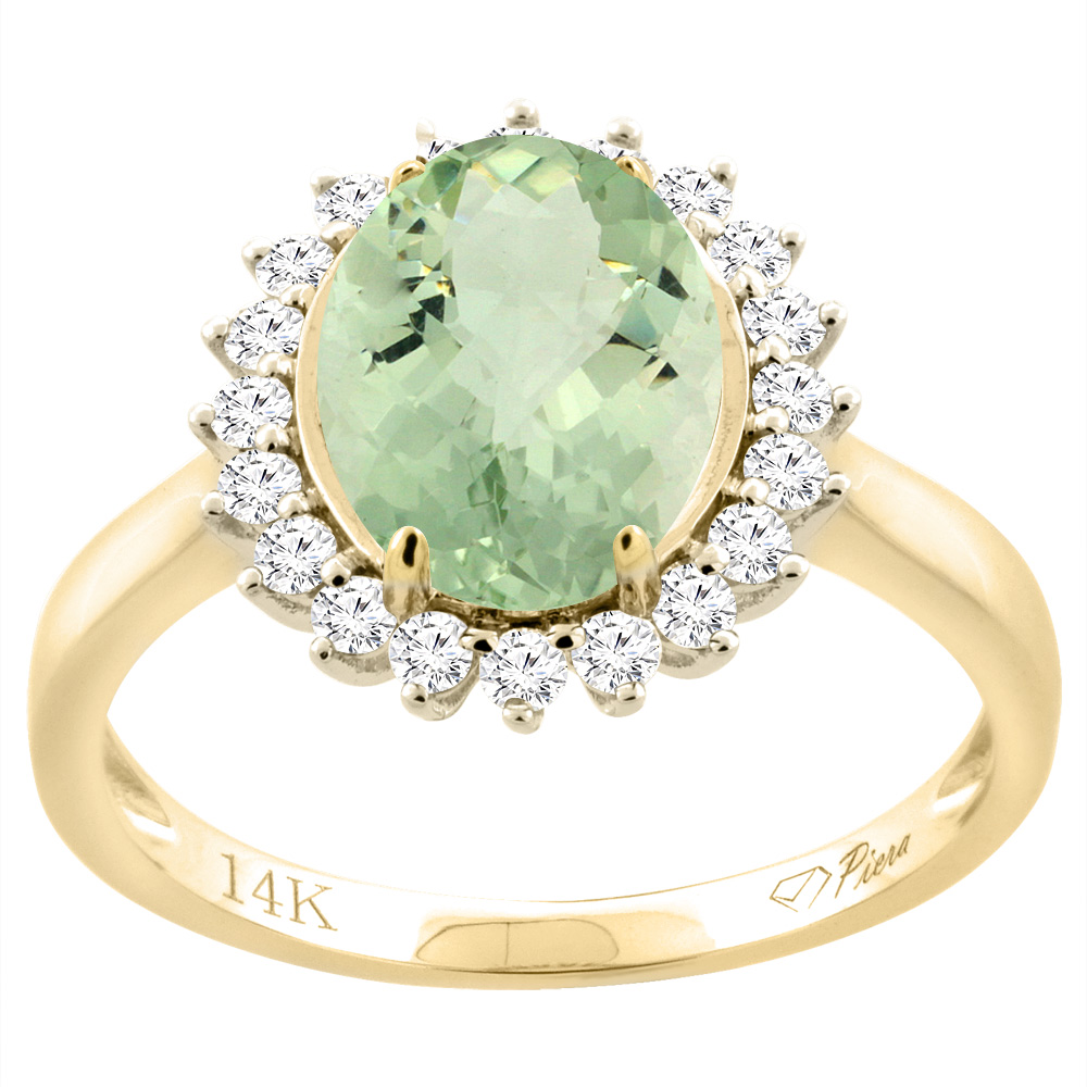 14K Yellow Gold Diamond Natural Green Amethyst Engagement Ring Oval 10x8mm, sizes 5-10