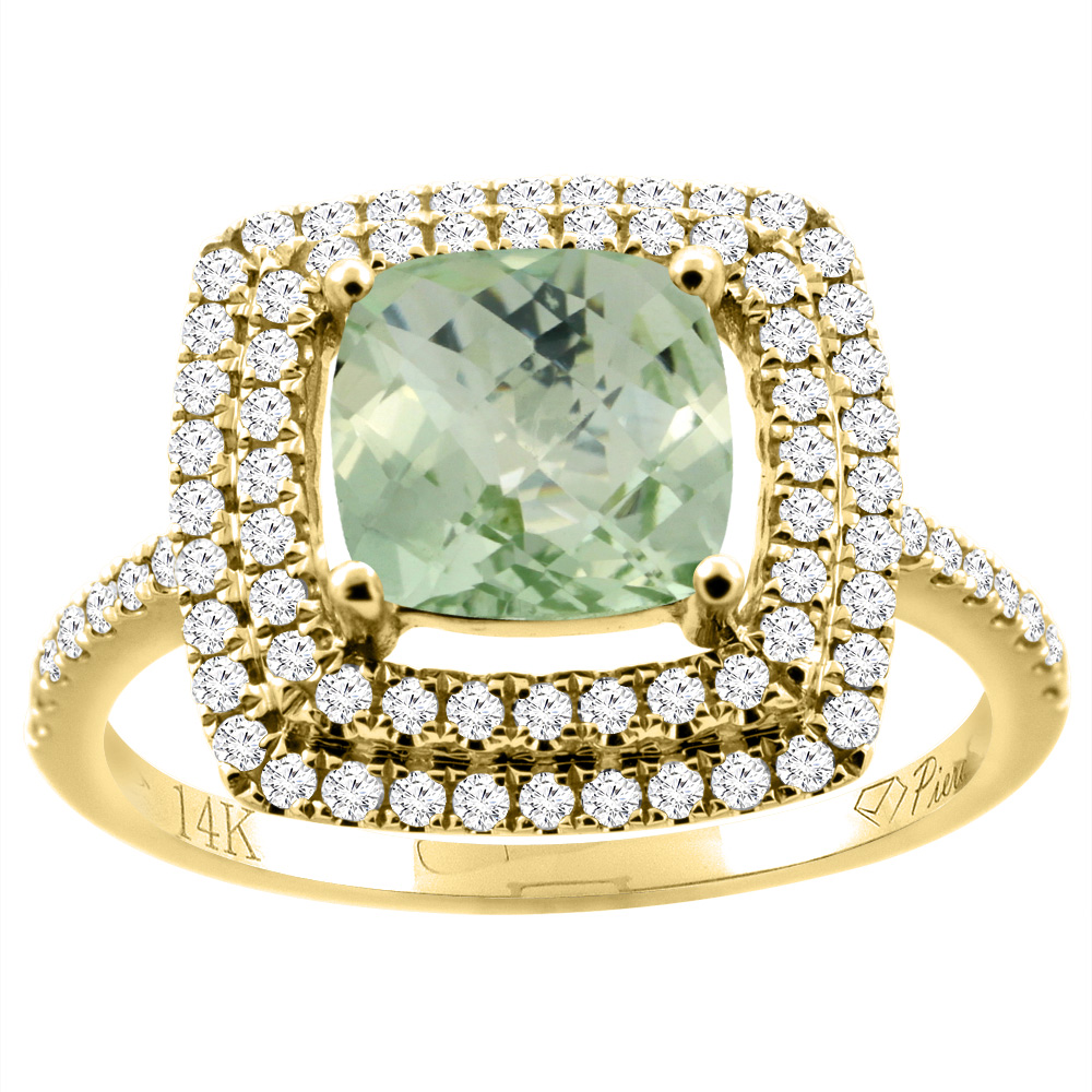 14K Gold Natural Green Amethyst Ring Cushion Cut 7x7 mm Double Halo Diamond Accents, sizes 5 - 10