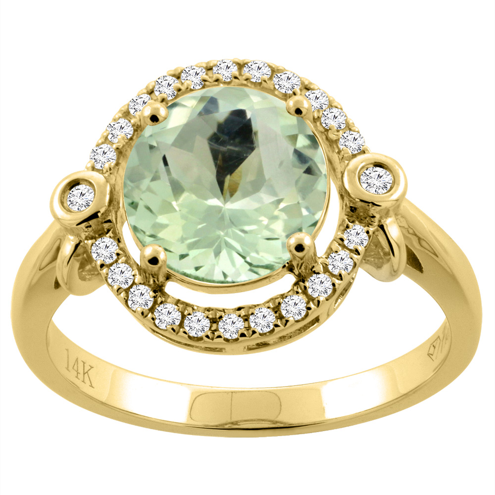 14K Yellow Gold Diamond Natural Green Amethyst Engagement Ring Oval 10x8mm, sizes 5-10