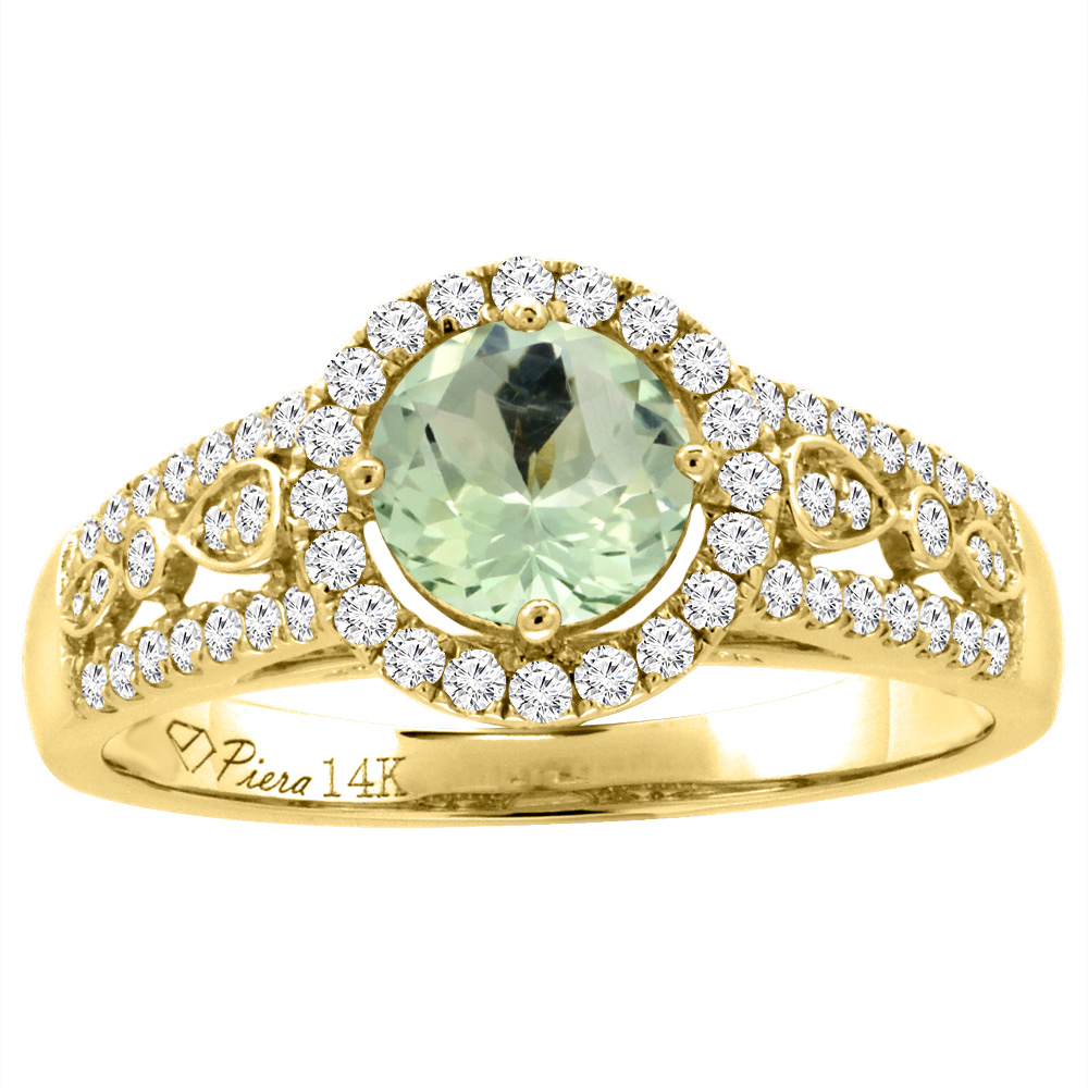 14K Yellow Gold Diamond Natural Green Amethyst Engagement Halo Ring Round 7 mm, sizes 5-10