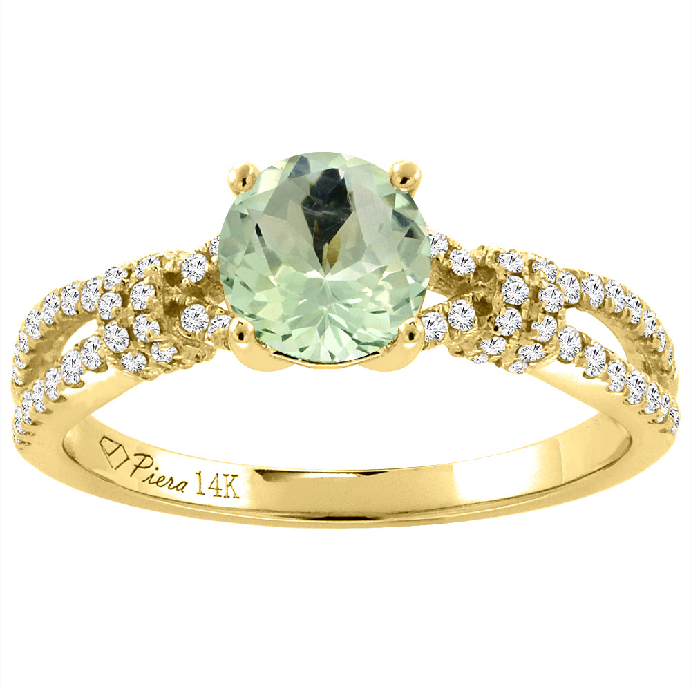 14K Yellow Gold Diamond Natural Green Amethyst Engagement Ring Round 7 mm, sizes 5-10