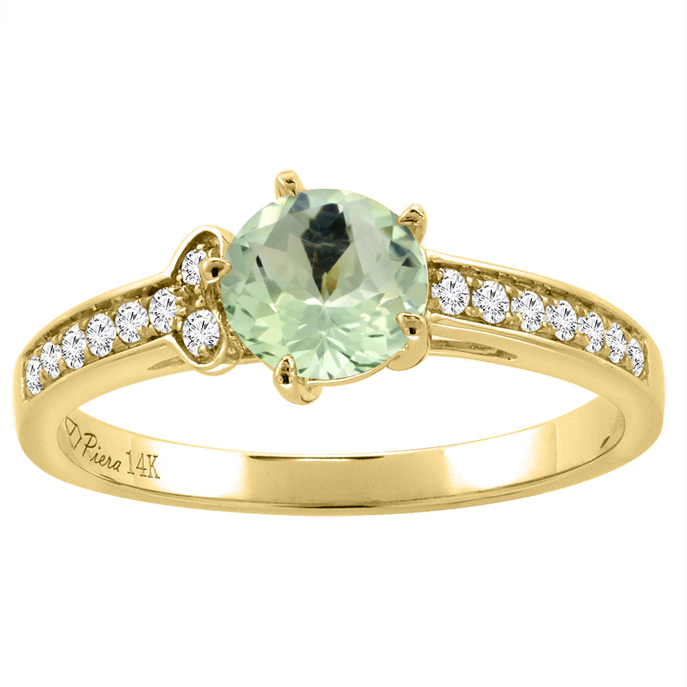 14K Yellow Gold Diamond Natural Green Amethyst Engagement Ring Round 7 mm, sizes 5-10