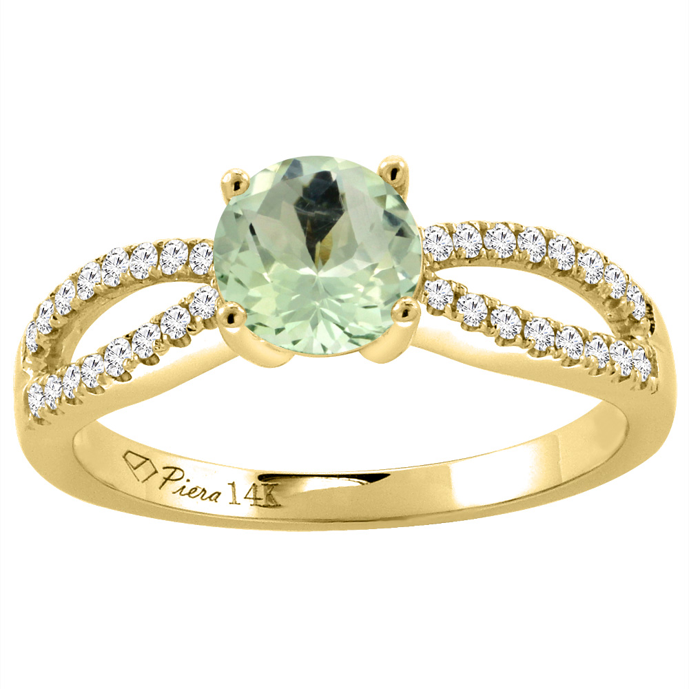 14K Yellow Gold Diamond Natural Green Amethyst Engagement Ring Round 7 mm, sizes 5-10