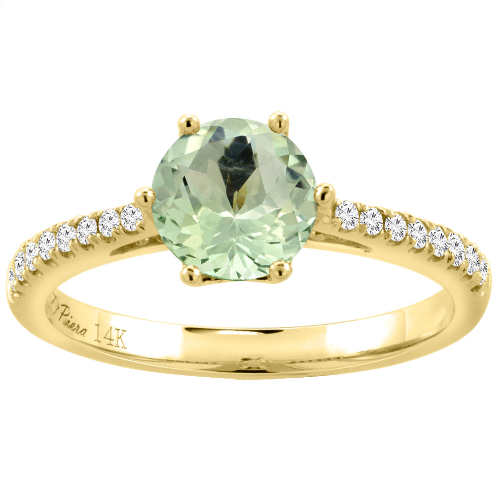 14K Yellow Gold Diamond Natural Green Amethyst Engagement Ring Round 7 mm, sizes 5-10