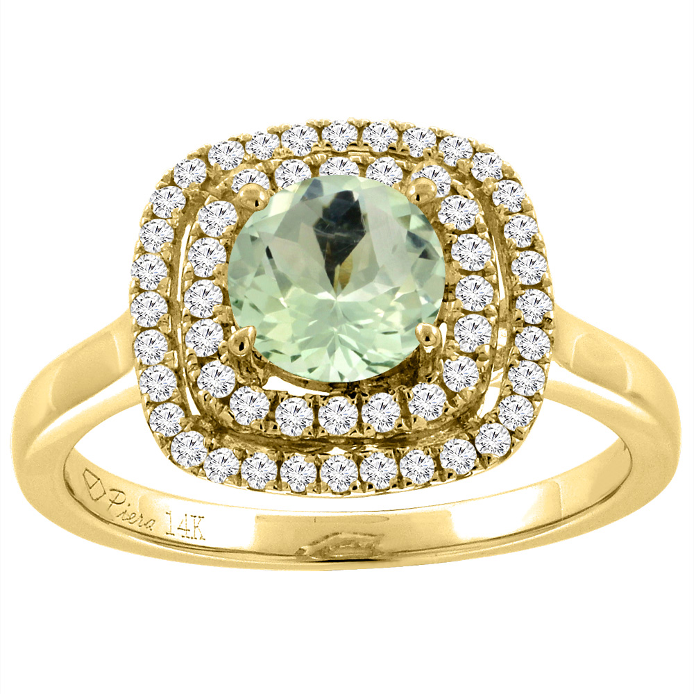 14K Yellow Gold Natural Green Amethyst Double Halo Diamond Engagement Ring Round 7 mm, sizes 5-10