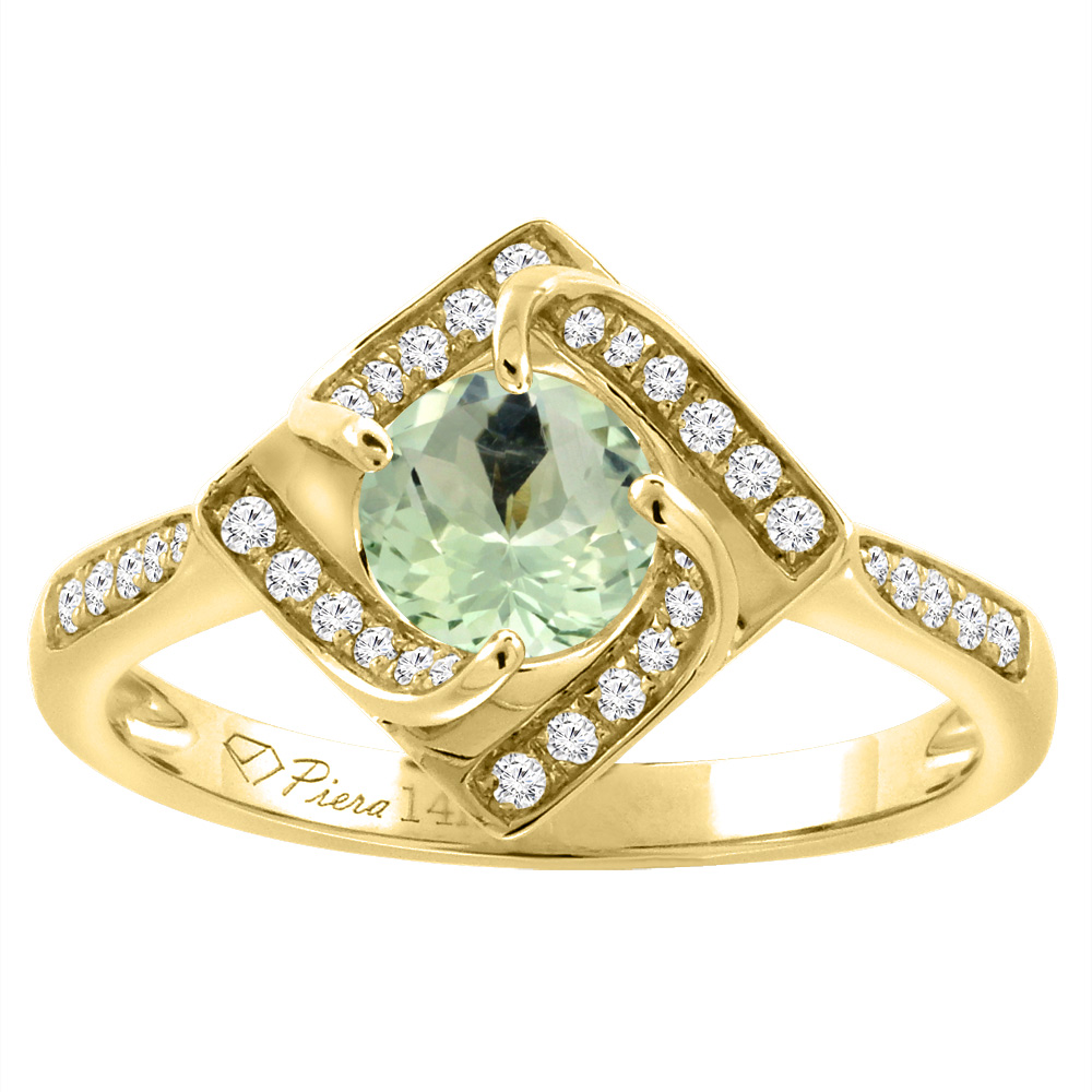 14K Yellow Gold Diamond Natural Green Amethyst Engagement Ring Round 7 mm, sizes 5-10