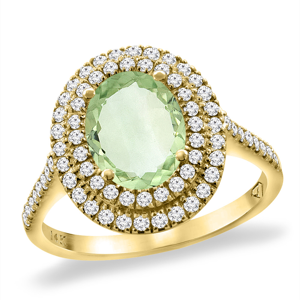 14K Yellow Gold Natural Green Amethyst Two Halo Diamond Engagement Ring 9x7 mm Oval, sizes 5 -10