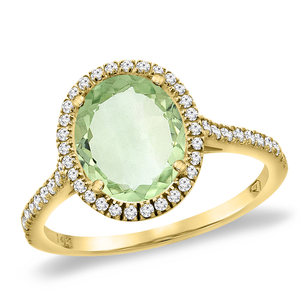 14K Yellow Gold Natural Green Amethyst Diamond Halo Engagement Ring 10x8 mm Oval, sizes 5 -10