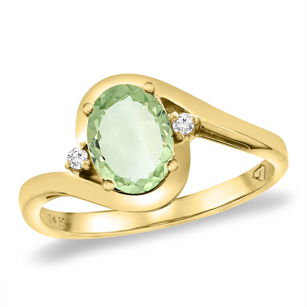 14K Yellow Gold Diamond Natural Green Amethyst Bypass Engagement Ring Oval 8x6 mm, sizes 5 -10