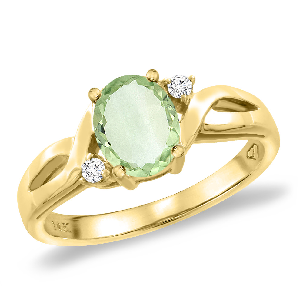 14K Yellow Gold Diamond Natural Green Amethyst Engagement Ring Oval 8x6 mm, sizes 5 -10