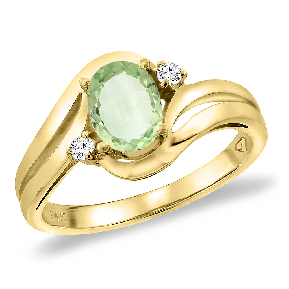 14K Yellow Gold Diamond Natural Green Amethyst Bypass Engagement Ring Oval 8x6 mm, sizes 5 -10