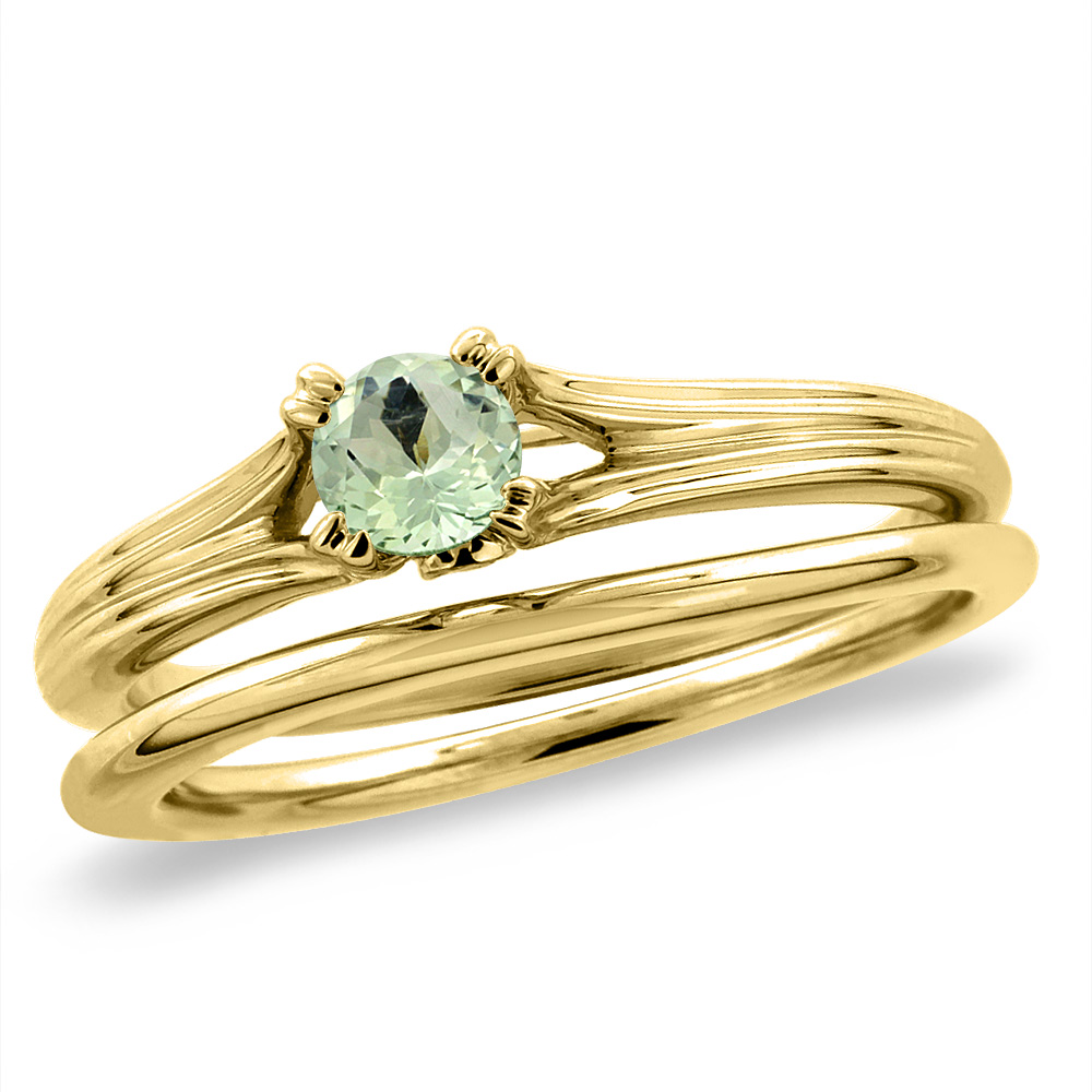 14K Yellow Gold Diamond Natural Green Amethyst 2pc Solitaire Engagement Ring Set Round 6 mm, sz 5-10