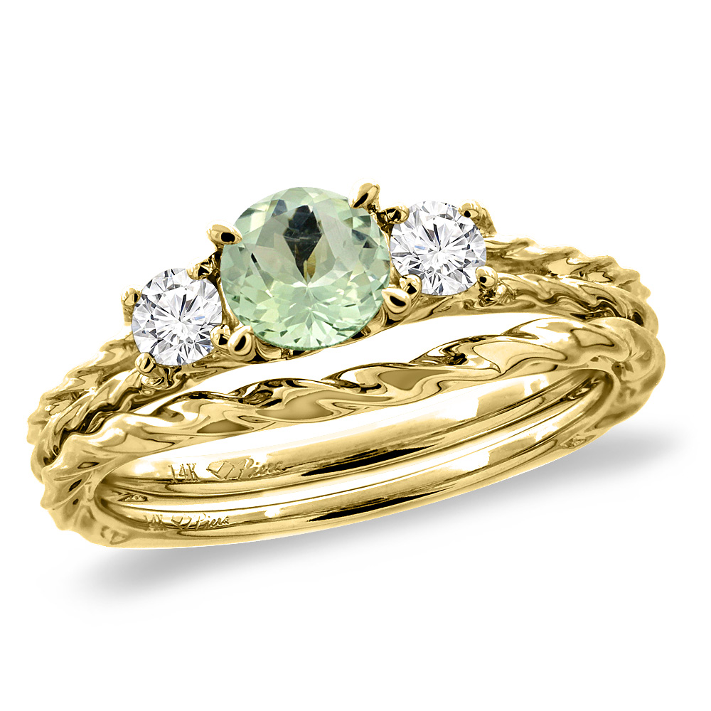 14K Yellow Gold Diamond Natural Green Amethyst 2pc Engagement Ring Set Round 6mm Twisted, sizes 5-10