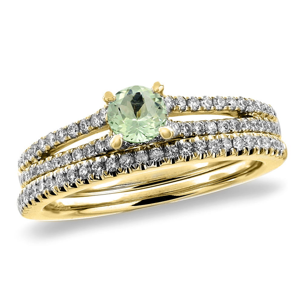 14K Yellow Gold Diamond Natural Green Amethyst 2pc Engagement Ring Set Round 5 mm, size 5-10