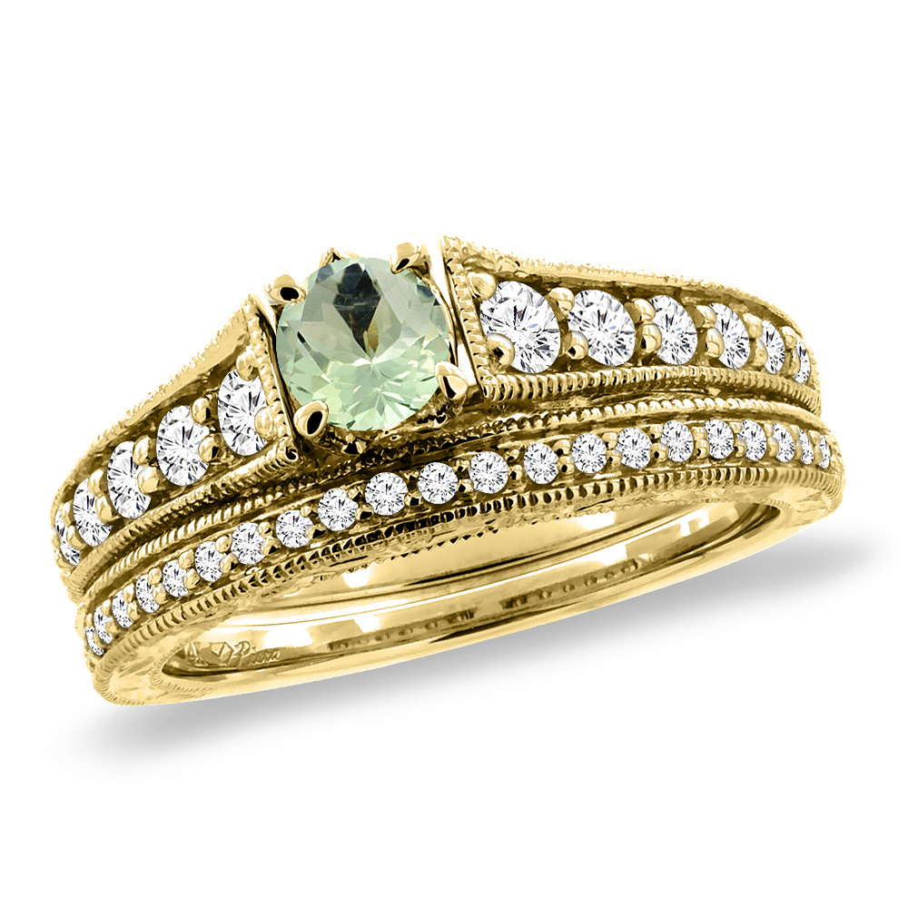 14K Yellow Gold Diamond Natural Green Amethyst 2pc Engagement Ring Set Round 5 mm, size 5-10