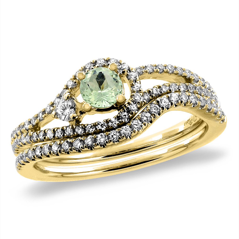 14K Yellow Gold Diamond Natural Green Amethyst 2pc Engagement Ring Set Round 5 mm, size 5-10