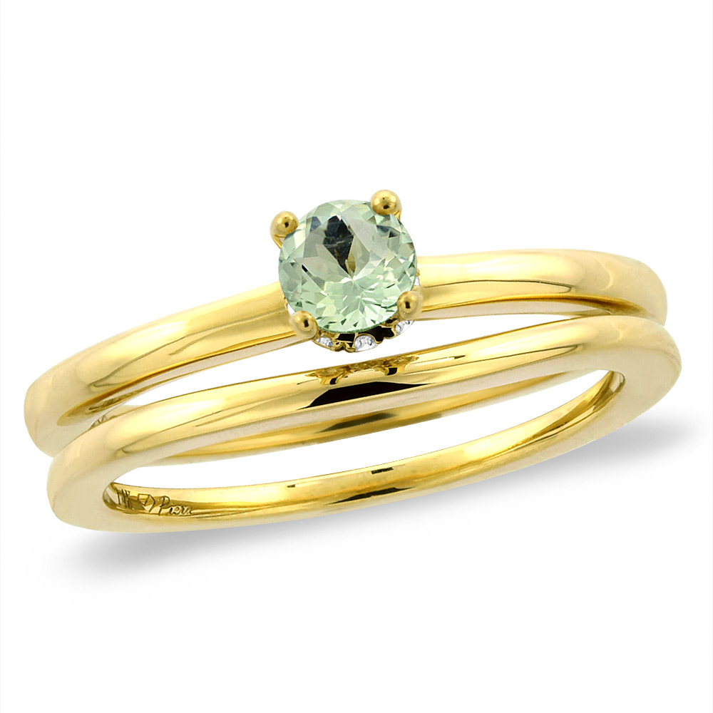 14K Yellow Gold Diamond Natural Green Amethyst 2pc Solitaire Engagement Ring Set Round 5mm, size5-10
