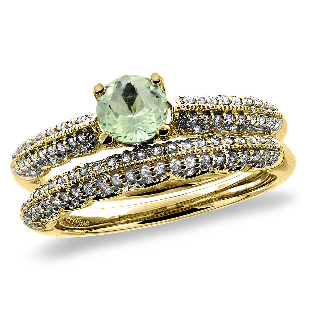 14K Yellow Gold Diamond Natural Green Amethyst 2pc Engagement Ring Set Round 5 mm,size 5-10