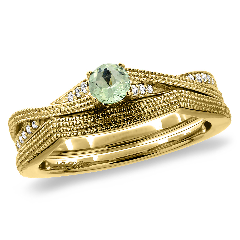 14K Yellow Gold Diamond Natural Green Amethyst 2pc Engagement Ring Set Round 4 mm, sizes 5 - 10