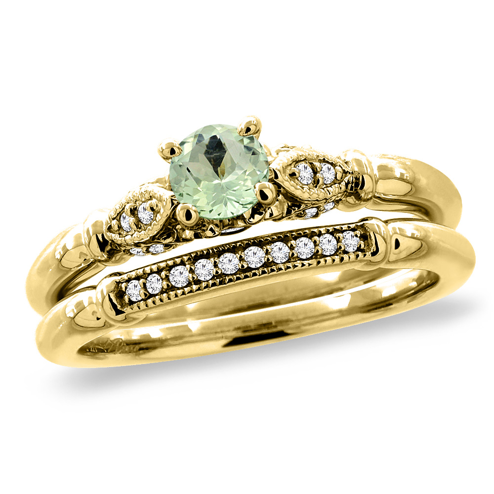 14K Yellow Gold Diamond Natural Green Amethyst 2pc Engagement Ring Set Round 4 mm, sizes 5 - 10