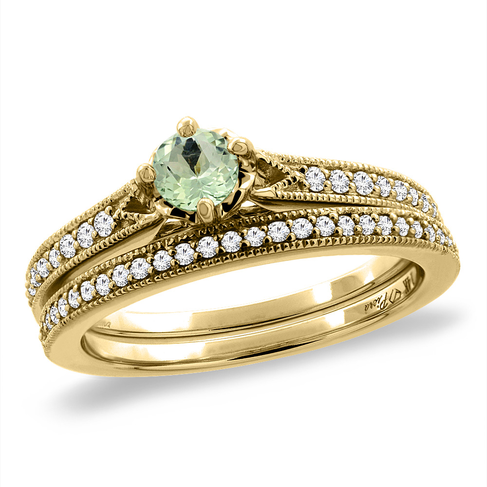 14K Yellow Gold Diamond Natural Green Amethyst 2pc Engagement Ring Set Round 4 mm, sizes 5 - 10