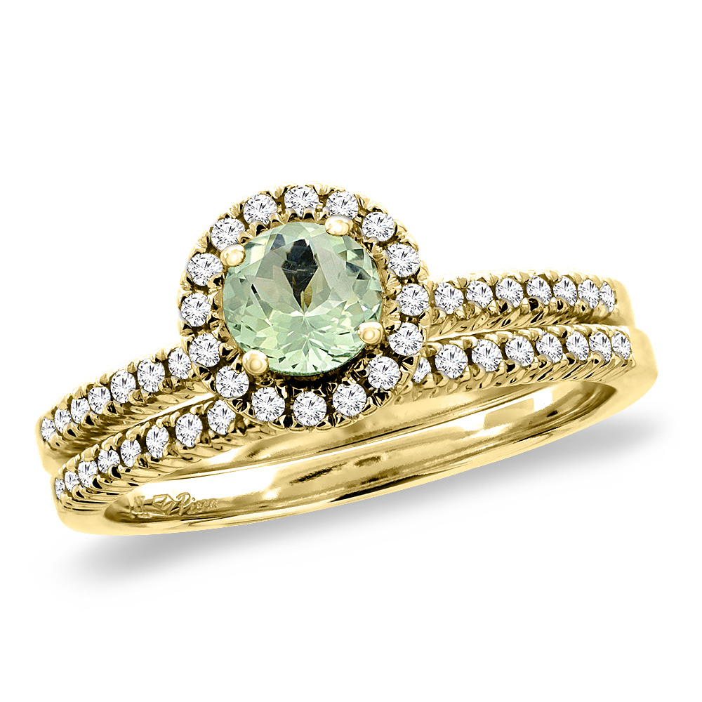 14K Yellow Gold Diamond Natural Green Amethyst 2pc Halo Engagement Ring Set Round 4 mm, size5-10