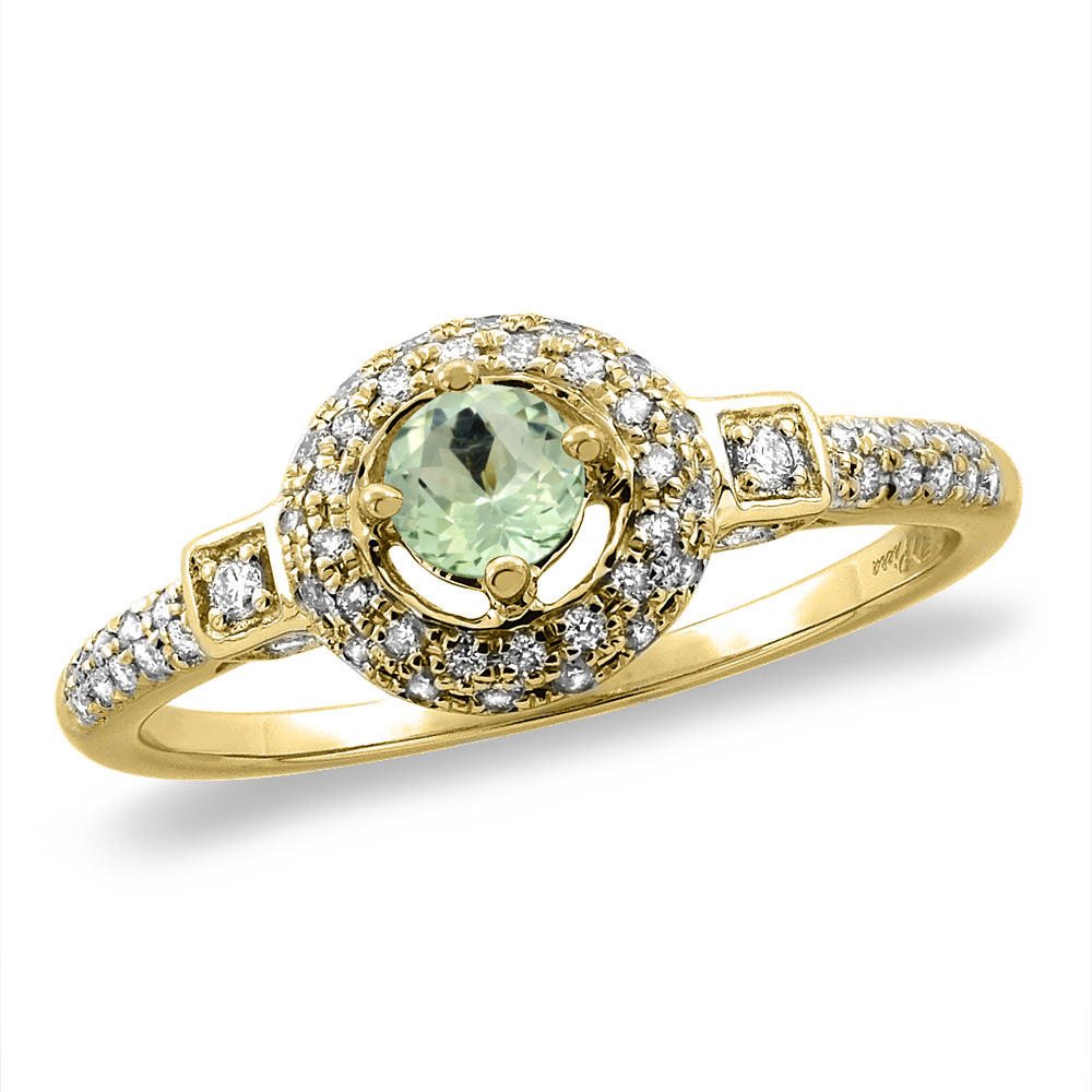 14K White/Yellow Gold Diamond Natural Green Amethyst Halo Engagement Ring Round 4 mm, sizes 5 -10