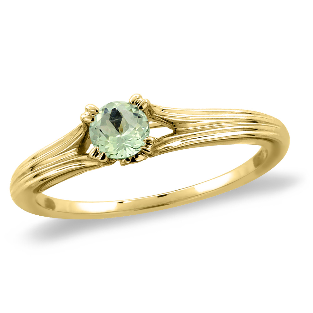 14K Yellow Gold Diamond Natural Green Amethyst Solitaire Engagement Ring Round 6 mm, sizes 5 -10