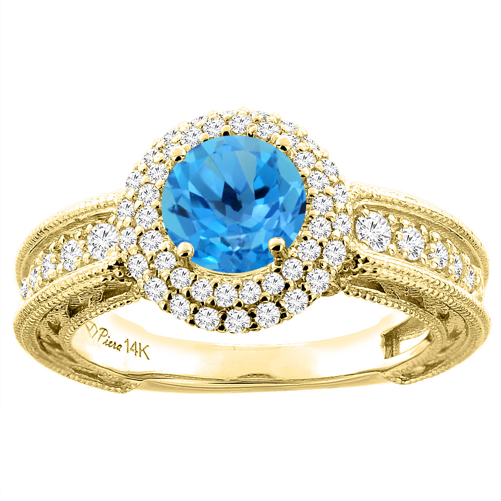 14K Yellow Gold Natural Swiss Blue Topaz & Diamond Halo Ring Round 6 mm, sizes 5-10