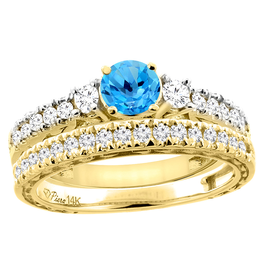 14K Yellow Gold Diamond Natural Swiss Blue Topaz Engagement 2-pc Ring Set Engraved Round 6 mm, sizes 5 - 10